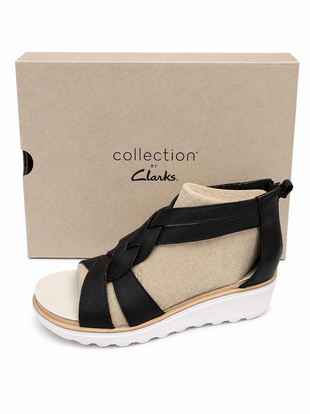 Clarks Jillian Bright Black and White Leather Wedge Sandals NIB